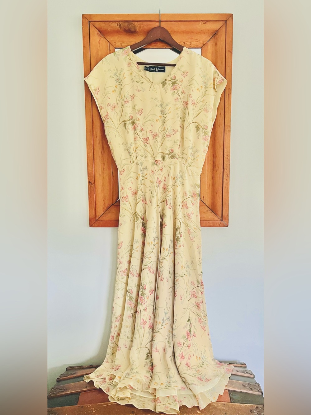 1980s Vintage Ralph Lauren Butter Yellow Delicate Florals Dress